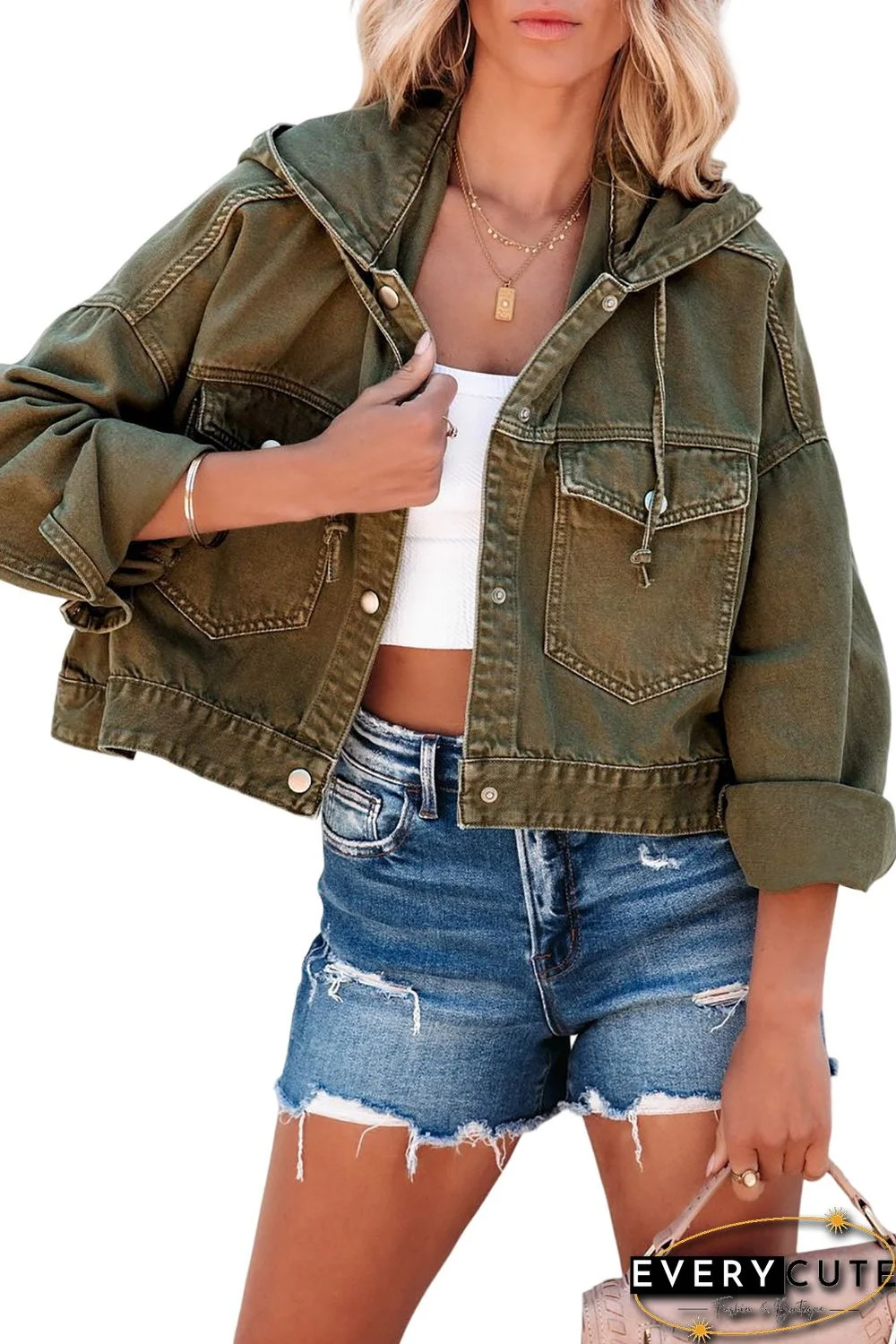 Green Large Pockets Hooded Cropped Denim Jacket