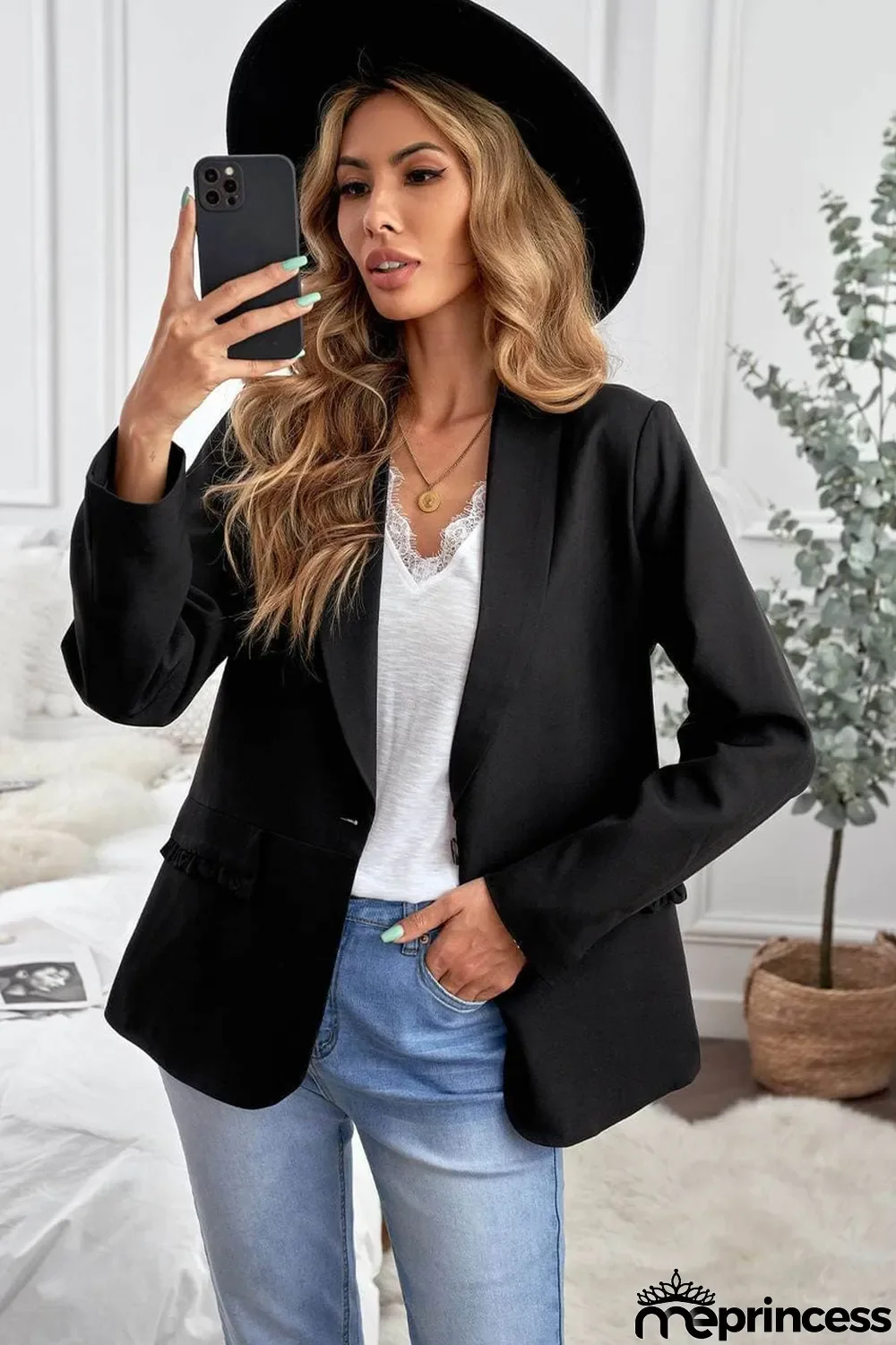 Black Lapel Collar Button Pocket Blazer