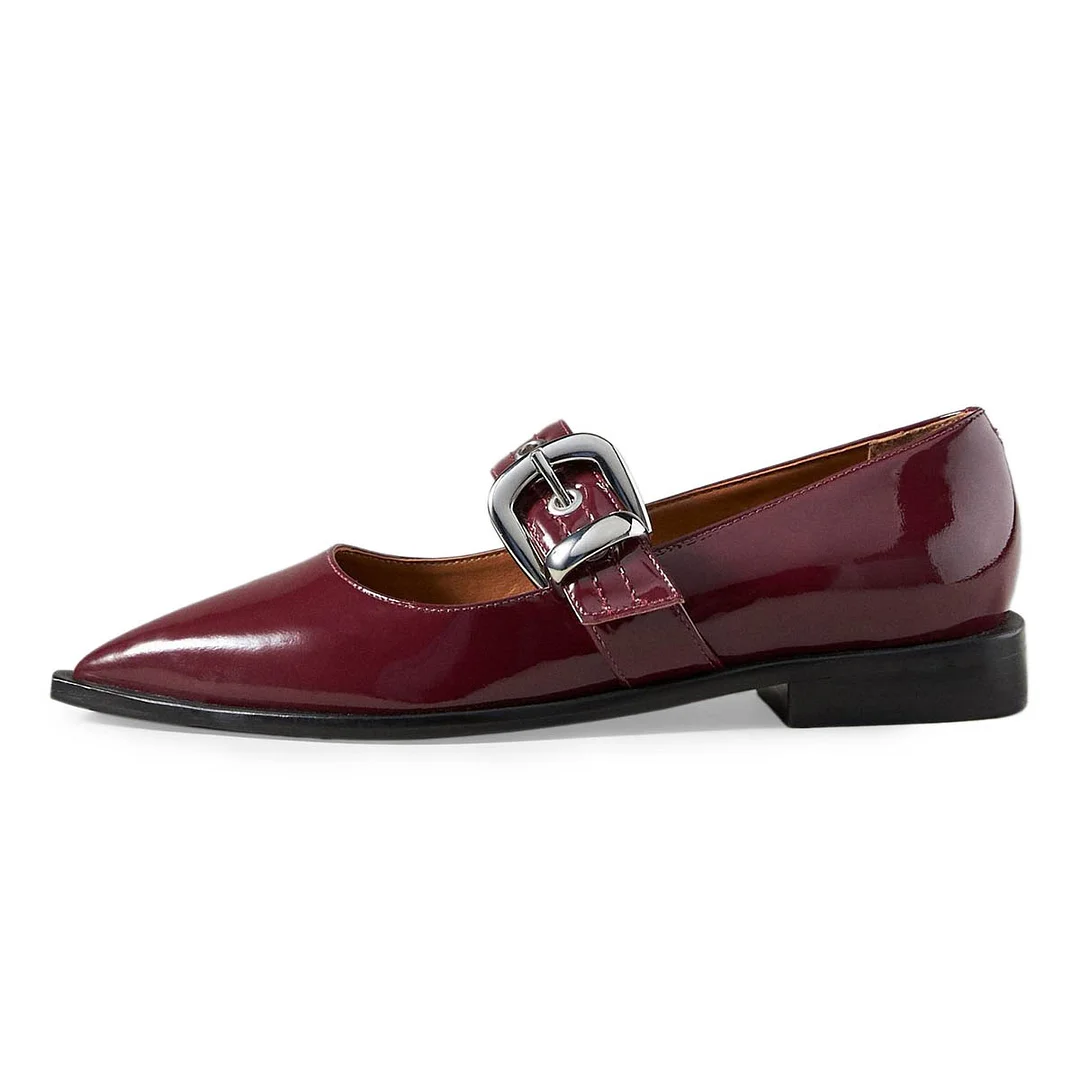 Maroon Patent Pointed Toe Flat Women Mary Jane Shoes with Buckle Strap