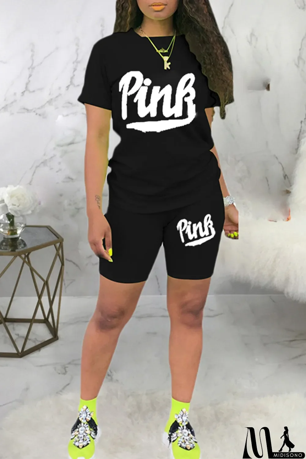 MidiSono - Black Fashion Casual Letter Print Basic O Neck Short Sleeve Two Pieces