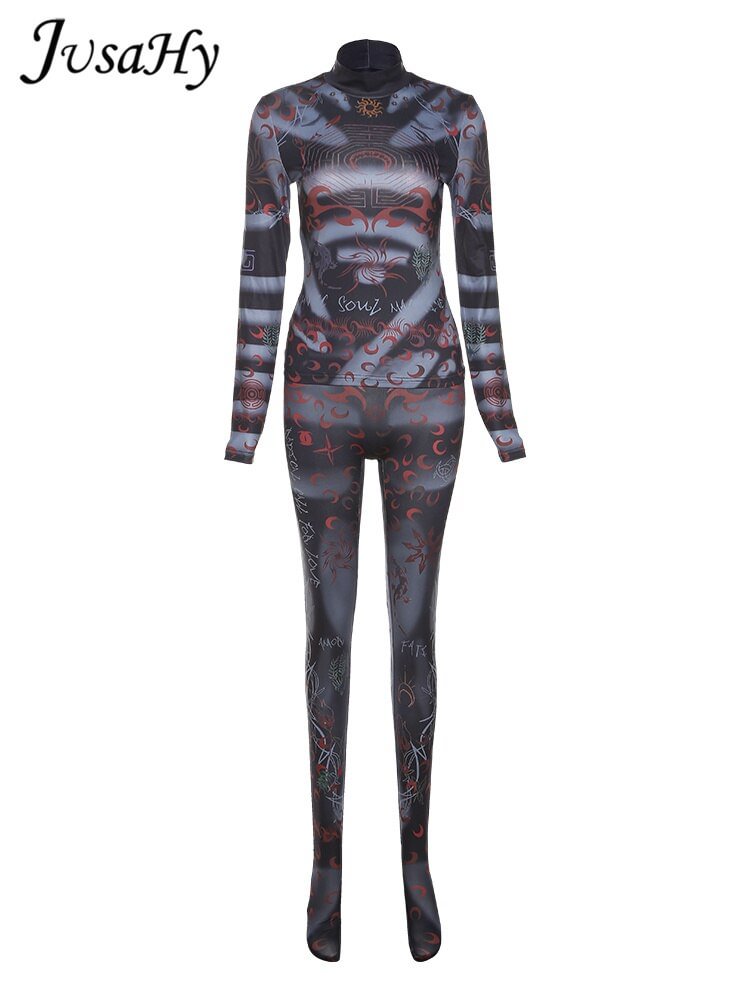 JuSaHy Aesthetic Print Women's Two Pieces Sets Turtleneck Long Sleeves Crop Top+High Waist Pants Matching Outfits Streetwear