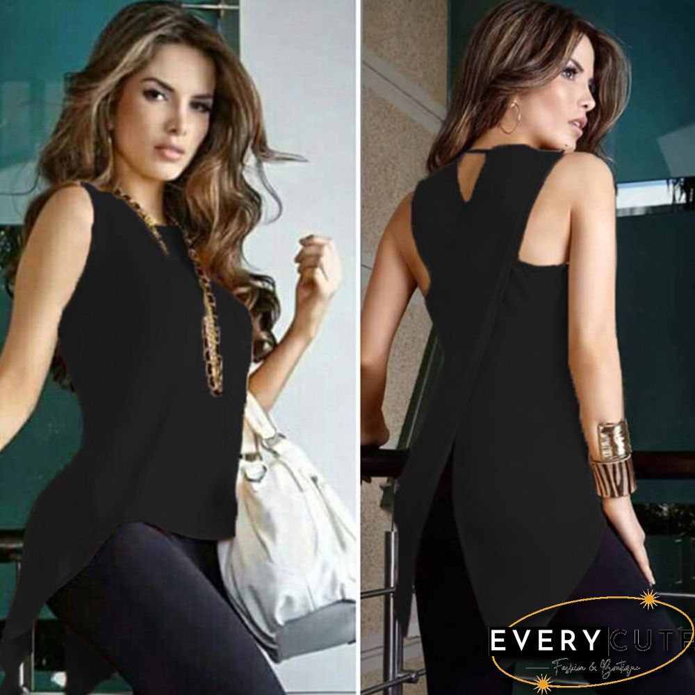 Women Cross Irregular Sleeveless Backless Tops and Blouses