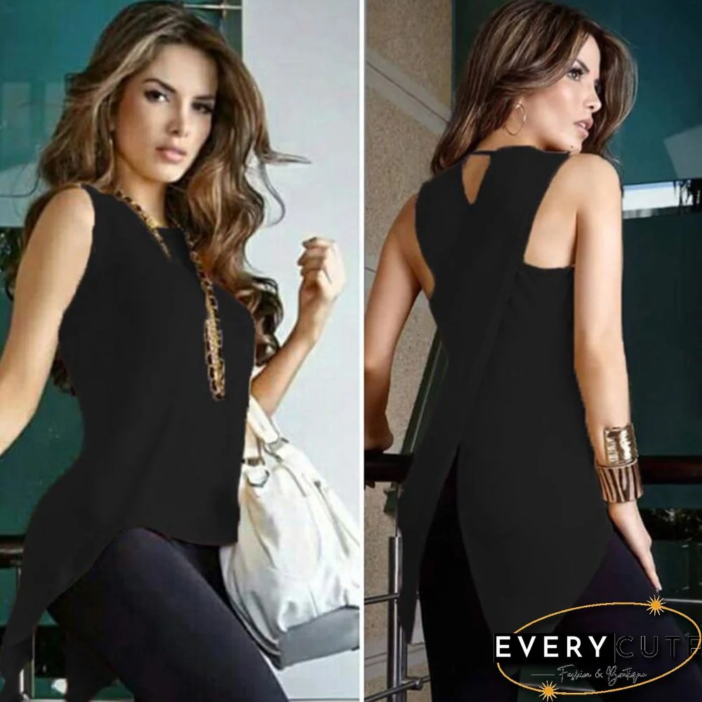 Women Cross Irregular Sleeveless Backless Tops and Blouses