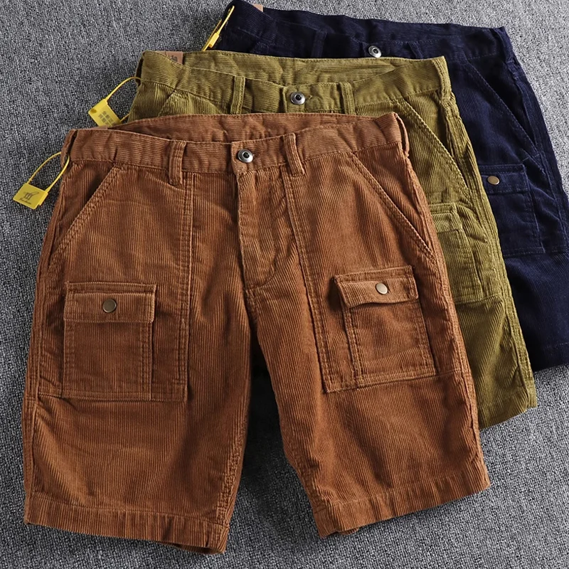 Retro Washed Distressed Corduroy Workwear Multi-Pocket Casual Shorts