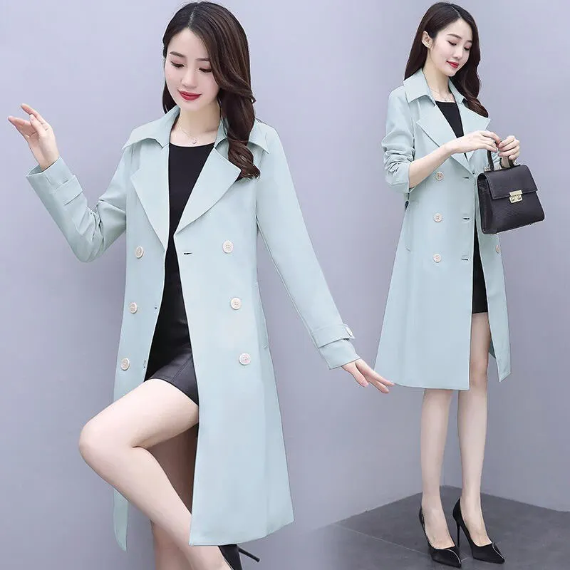 2021 New Spring Elegant Women Double Breasted Solid Thin Trench Coat Vintage Turn-down Collar Warm Trench With Belt Plus Size