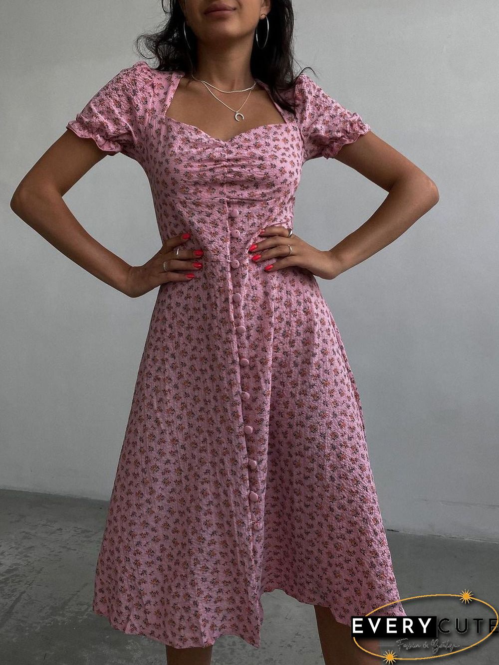 Women'S Dresses Floral Square Neck Button Short Sleeve Dress