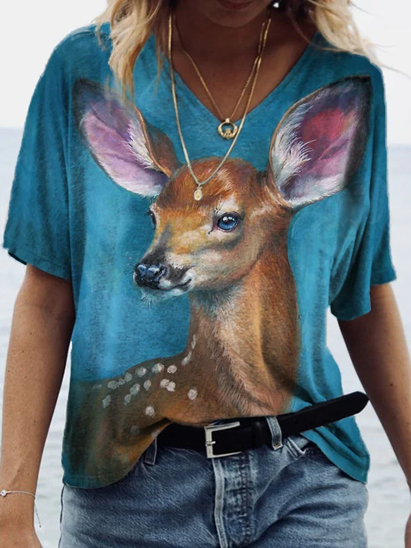 Deer Oil Painting V Neck T Shirt