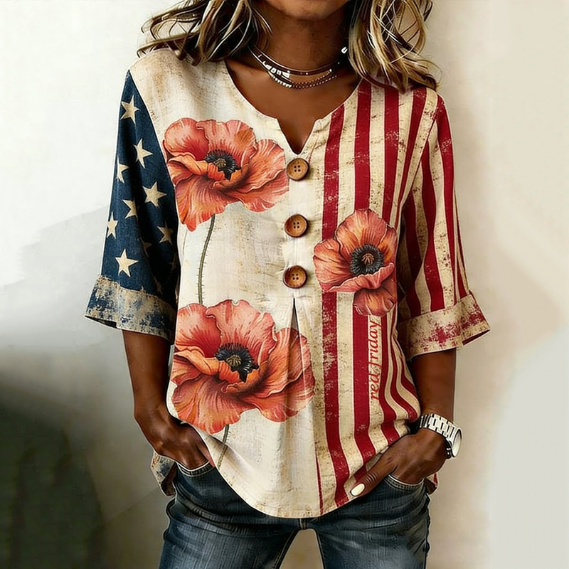 Comstylish Women's Independence Day Flag Floral Print Short-sleeve Casual Top