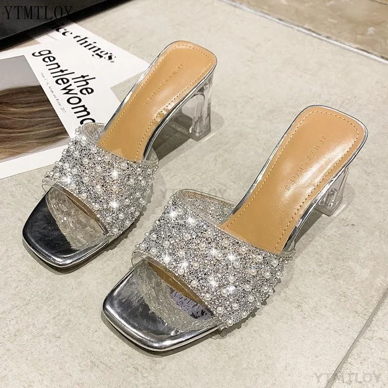 Women's Slipper Summer New Shoes Pearls Open Toe Comfort Pvc Sexy Ytmtloy Square Heel Zapatillas Casa Mujer