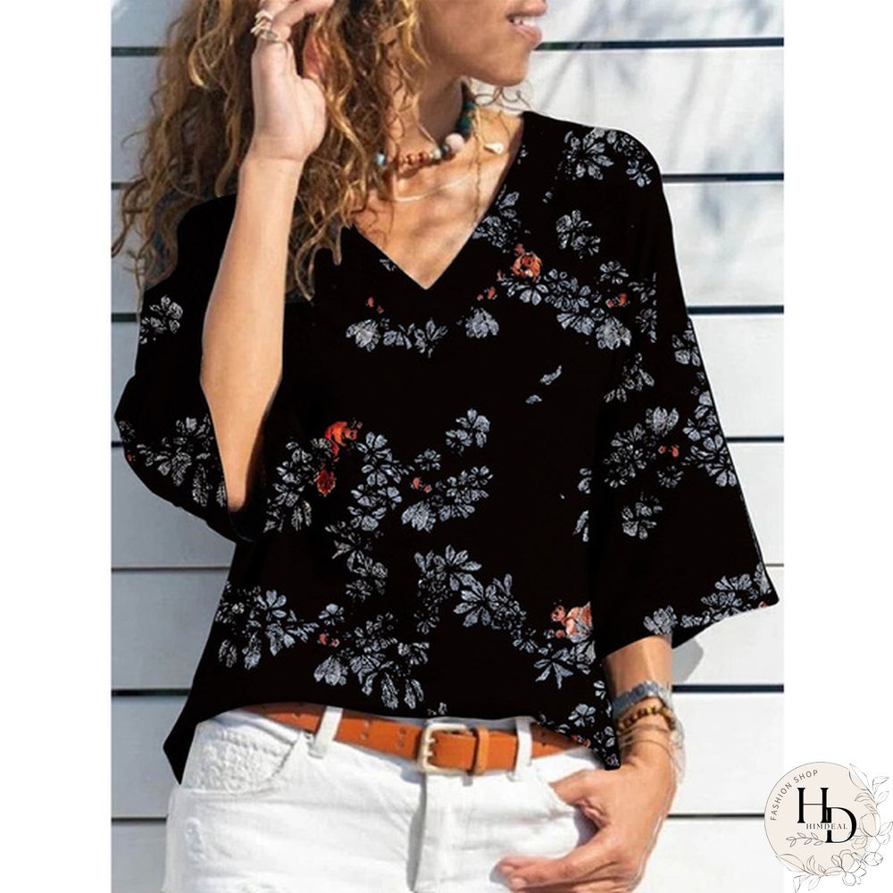 Women Fashion V Neck Autumn Tops Casual Floral Printed Three-quarter Sleeve Shirt Summer Loose T-shirt Spring Blouses