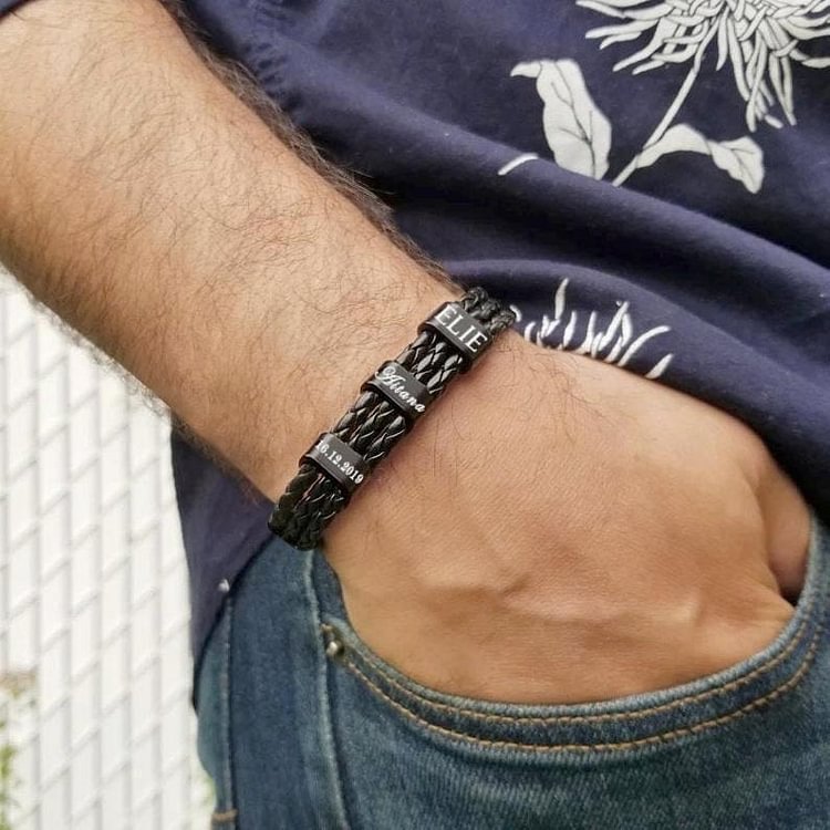 Custom Mens Leather Bracelet with 3 Names Beads