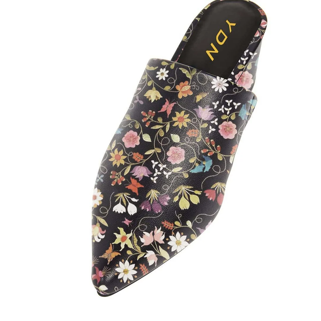 Black Vegan Leather Floral Print Pointed Toe Slip On Mule Heels