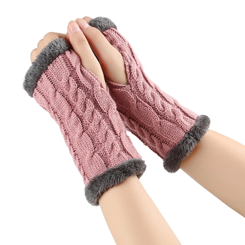 New Autumn And Winter Fleece-lined Wool Gloves Twist Knitted Finger Leakage Plush Oversleeve Warm Thickened Wool Gloves