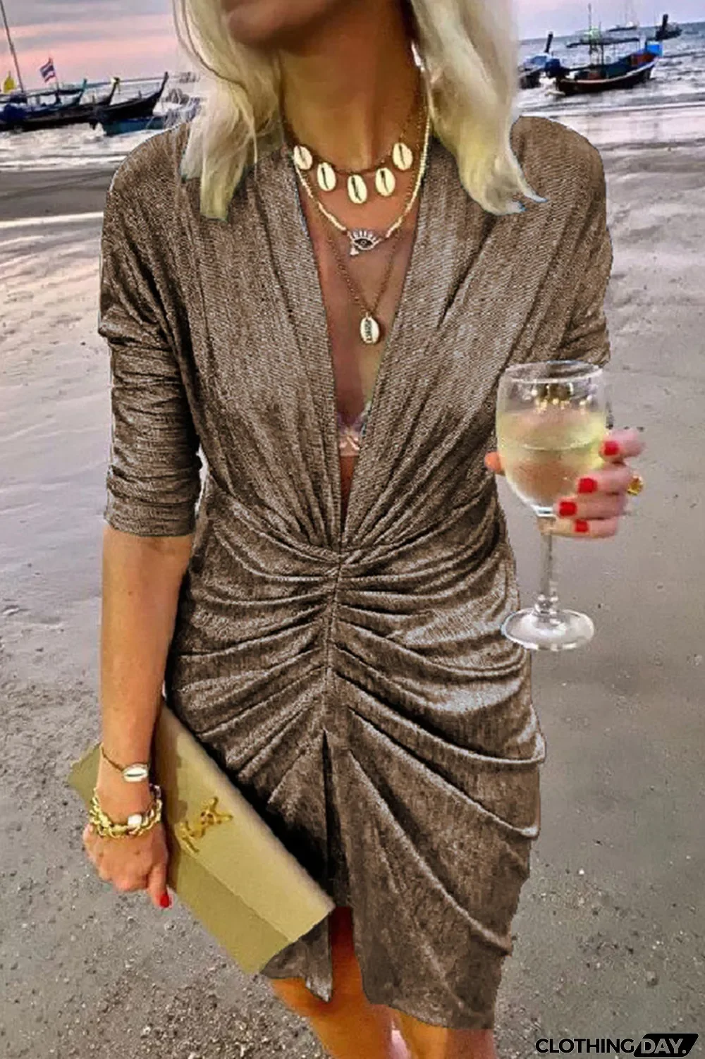 Celebrities Elegant Solid Fold V Neck A Line Dresses(4 Colors)