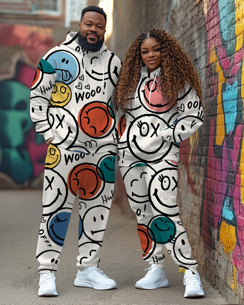 Couple Matching Men's Plus Size Smile Print Hoodie Pants Set