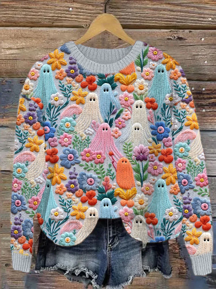 Comstylish Ghost & Floral Embroidery Pattern Knit Sweater