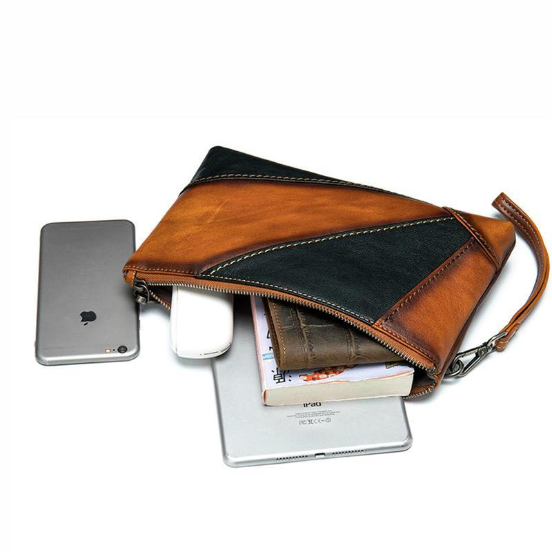 Mens Vintage Patchwork Leather Business Casual Clutch Bags