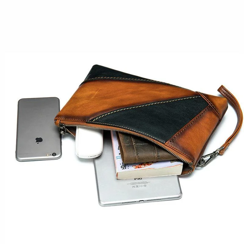 Mens Vintage Patchwork Leather Business Casual Clutch Bags