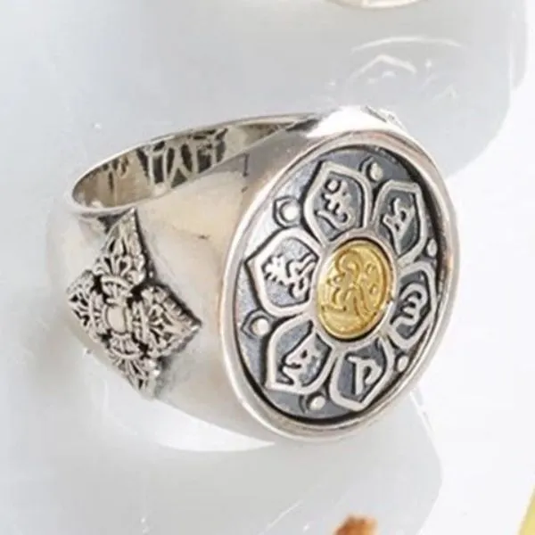 Sterling Silver Rotatable Six Character Good Luck Ring