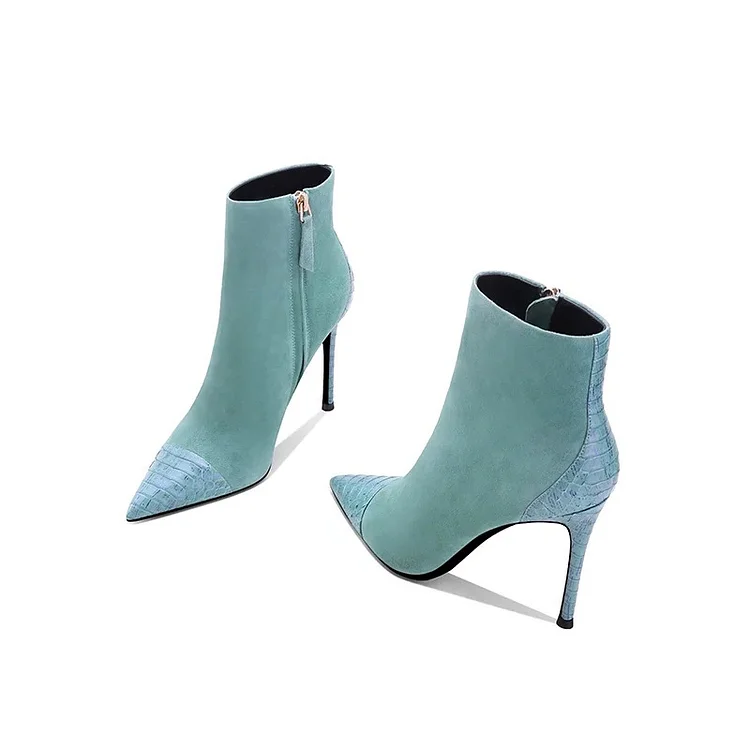 Turquoise Suede Boots Stiletto Heel Pointy Toe Ankle Boots |FSJ Shoes