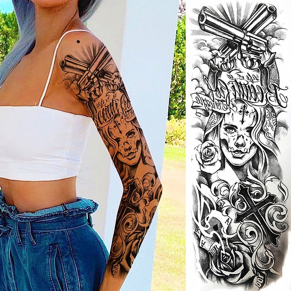 Full Arm Temporary Tattoo Lady Gun Eye Flower Tiger Lion Skull Eagle Women Body Leg Waterproof Sticker Cool Man Totem Sleeve