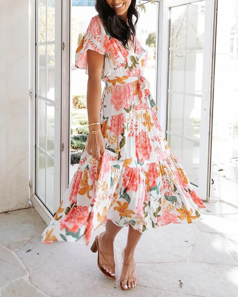 Commuter v-neck short-sleeved printed dress