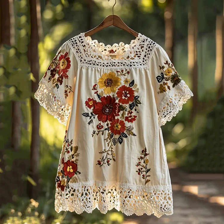 Women's Vintage Embroidered Floral Lace Art Blouse
