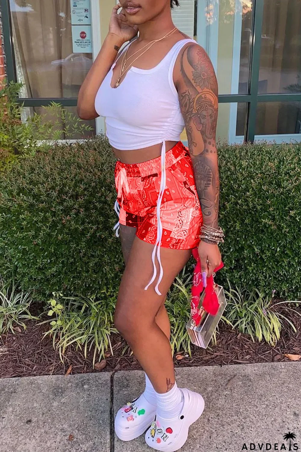 Grey Sexy Print Ripped Contrast Spaghetti Strap Sleeveless Two Pieces