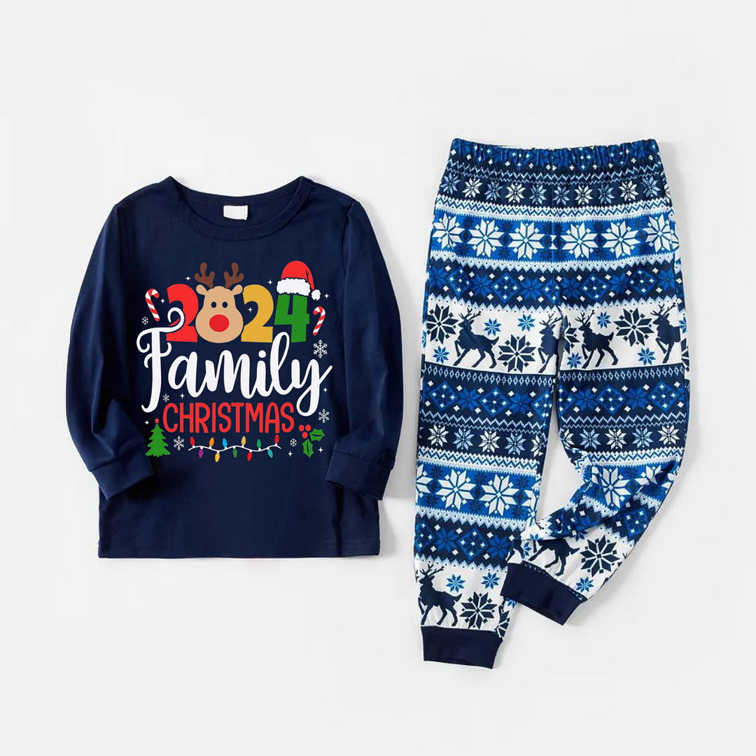 2024 Christmas Text and Deer Print Blue Family Matching Pajamas