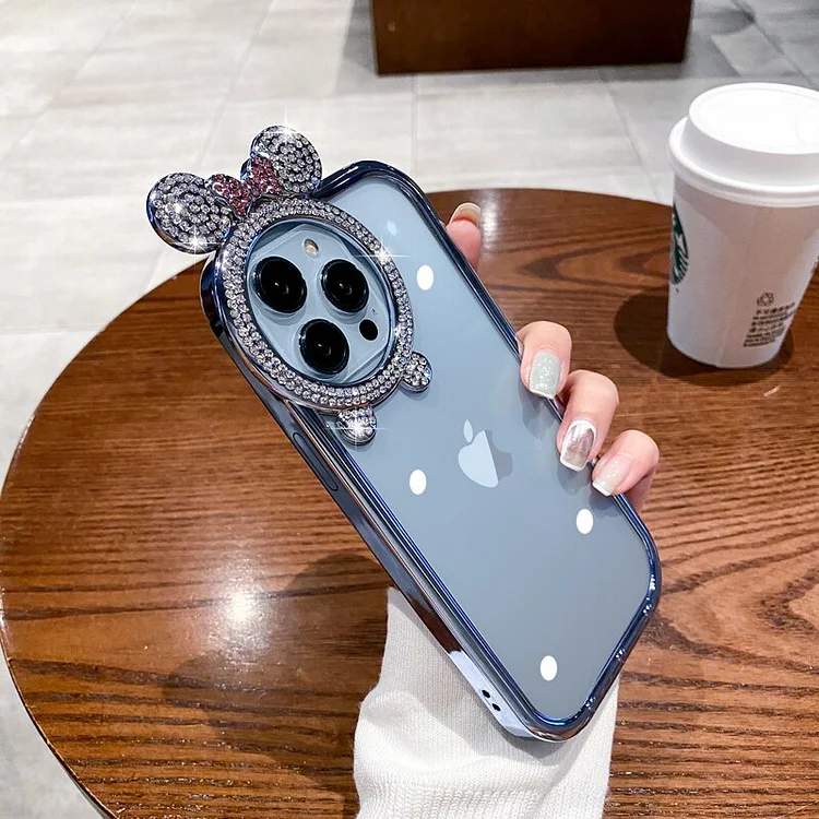 Luxury Glitter Diamond Bear Stand Holder Phone Case for iPhone 11 12 13 14 Pro Max 15 14 Plus Transparent Plating Silicone Cover