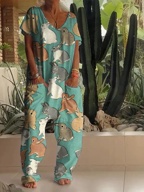Casual Bunny Art Print V Neck Jumpsuit