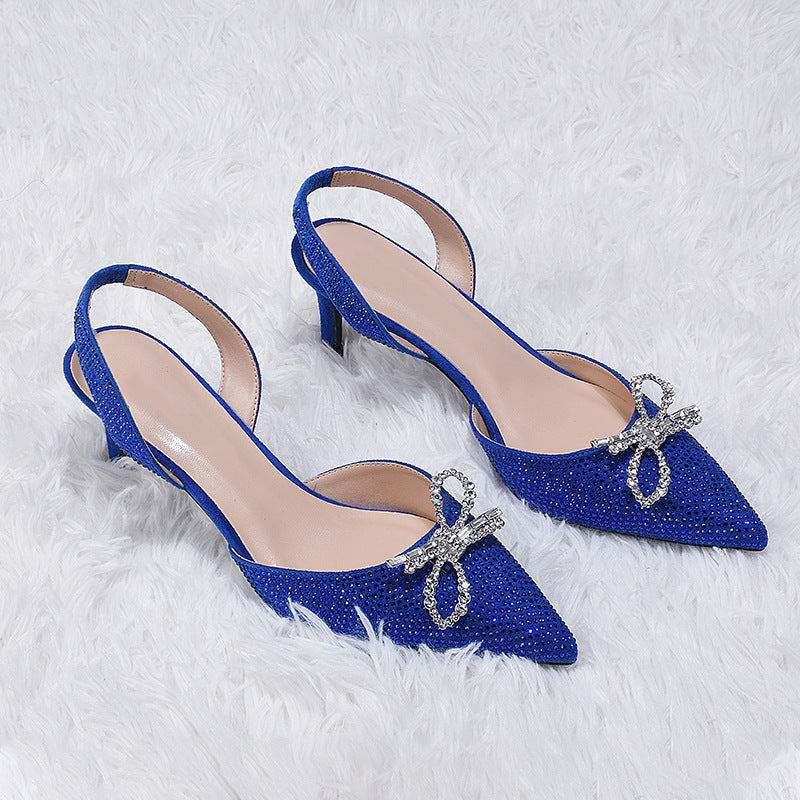 Women's rhinestone bowknot kitten heels dressy wedding pumps glitter pointed toe heels