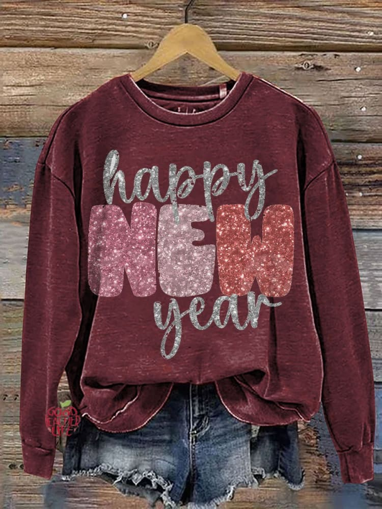 Happy New Year Pattern Crew Neck Sweatshirt