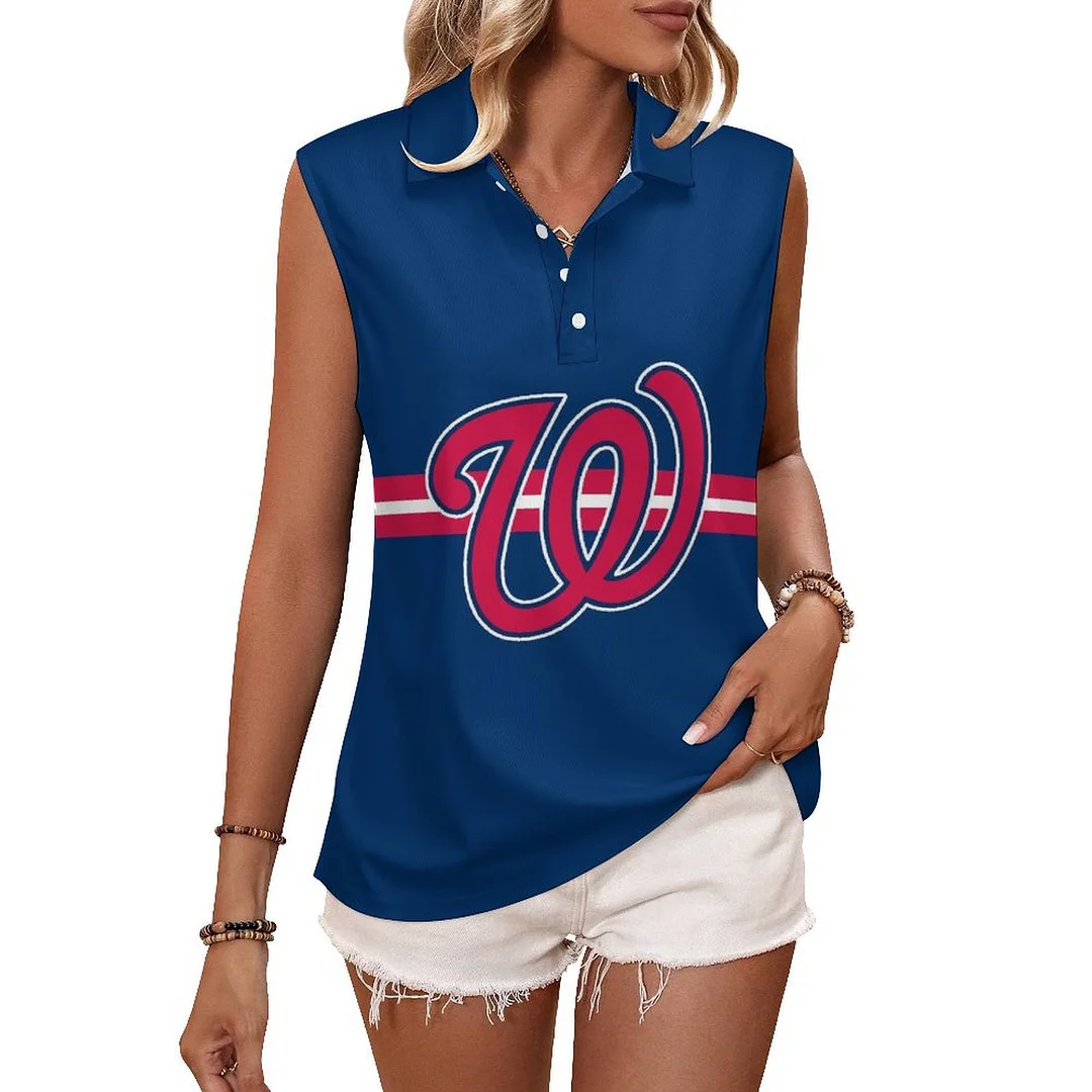 V-neck Sleeveless Casual POLO Shirt Tank Top for Women Printed with Pattern , Blue, Red