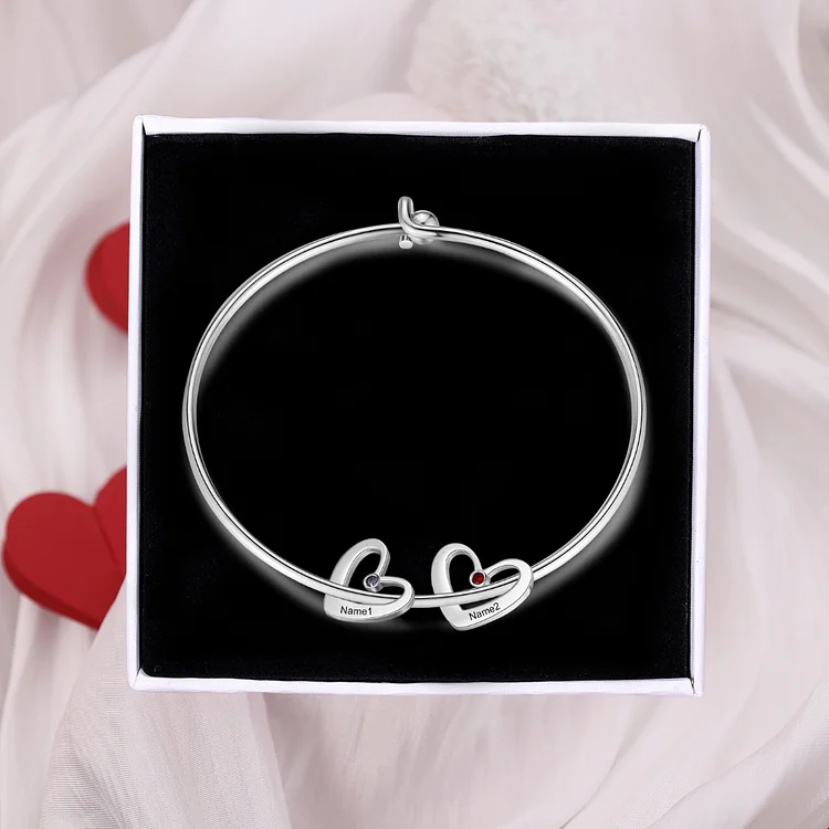 2 Names-Personalized Heart Bangle With 2 Names and Birthstones Bangle Bracelet Gifts For women