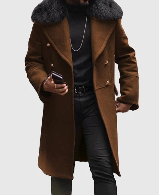Fuzzy Collar Double Breasted Casual Overcoat