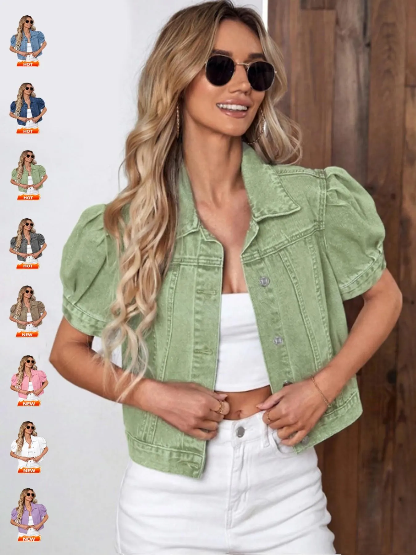 Women's Vintage Bubble Sleeve Light Wash Denim Jacket, Summer Thin High Waist Crop Top, Casual Fashionable Short Jean Coat for Women Women's Vintage Bubble Sleeve Light Wash Denim Jacket, Summer Thin High Waist Crop Top, Casual Fashionable Short Jean Coat for Women