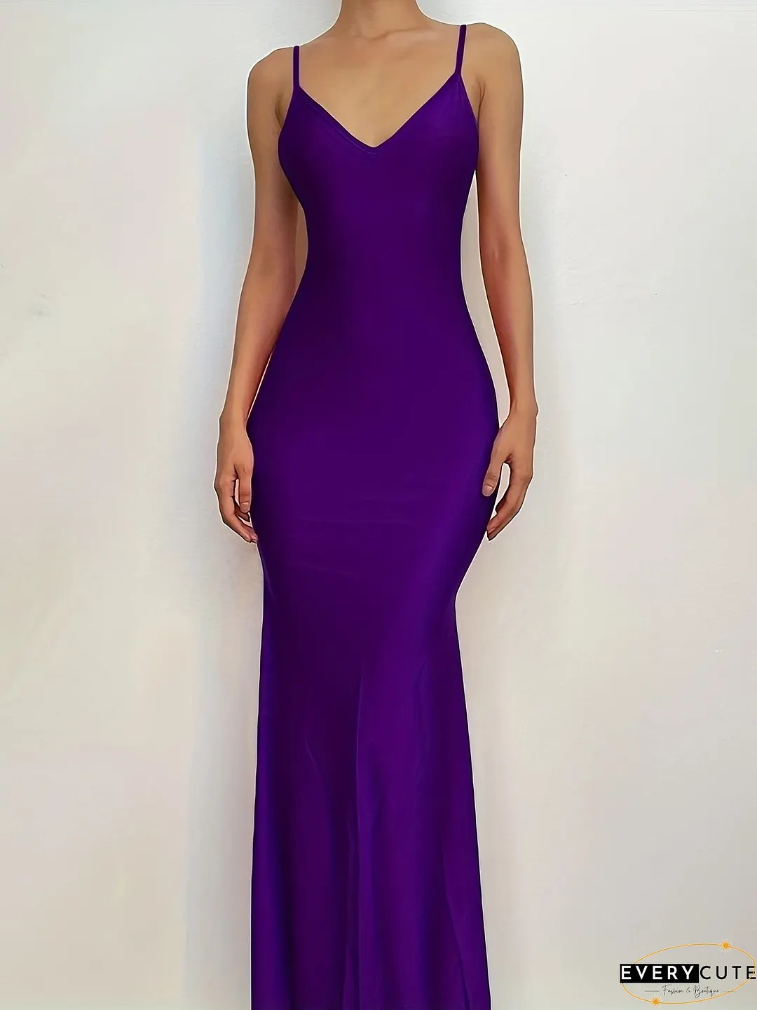 Backless Spaghetti Strap Dress, Sexy V Neck Solid Bodycon Party Club Dress, Women's Clothing