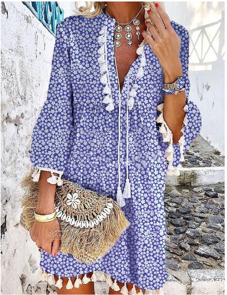 Little Floral Print Tassel Ruffle Sleeve V-neck Mini Boho Dress