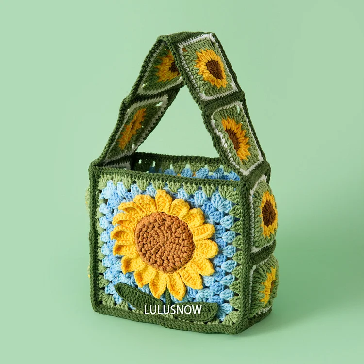 Lulusnow Handmade Green BigBigBig Sunflower Granny Square Crochet Hand Bag