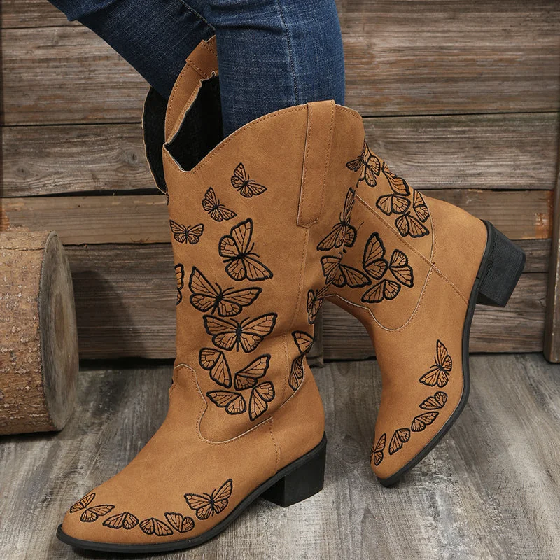 Vstacam Back to school Women's Embroidered Butterfly Cowgirl Boots Western Boots Womens Retro Knee High Boots Handmade Leather Cowboy Boots Large Size