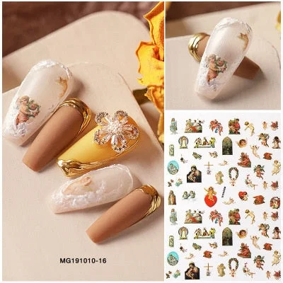 1 Sheet 3D Angel Design Nail Stickers Elegant Cupid Flower Nail Art Decoration DIY Back Adhesive Decal Ornament Stickers-Nail Inspo