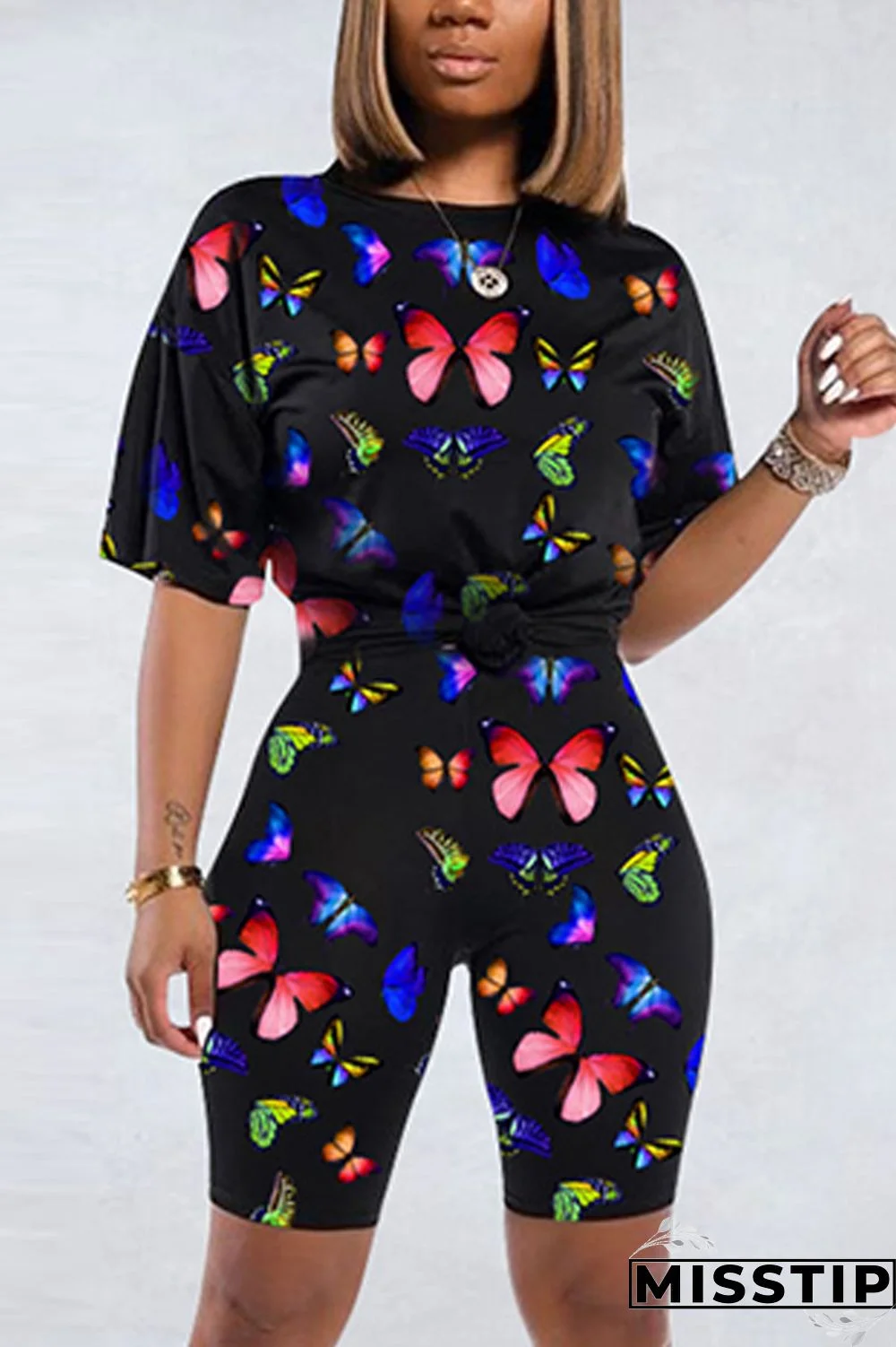 Black Fashion Casual Butterfly Print Sports Set
