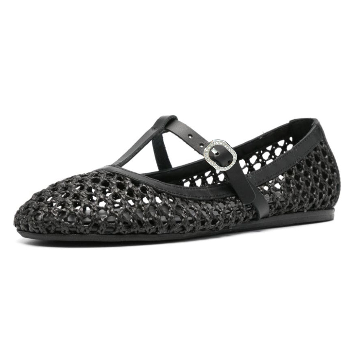 Black Raffia Woven Cut-Out T-Strap Rhinestone Buckled Ballet Flats Nicepairs