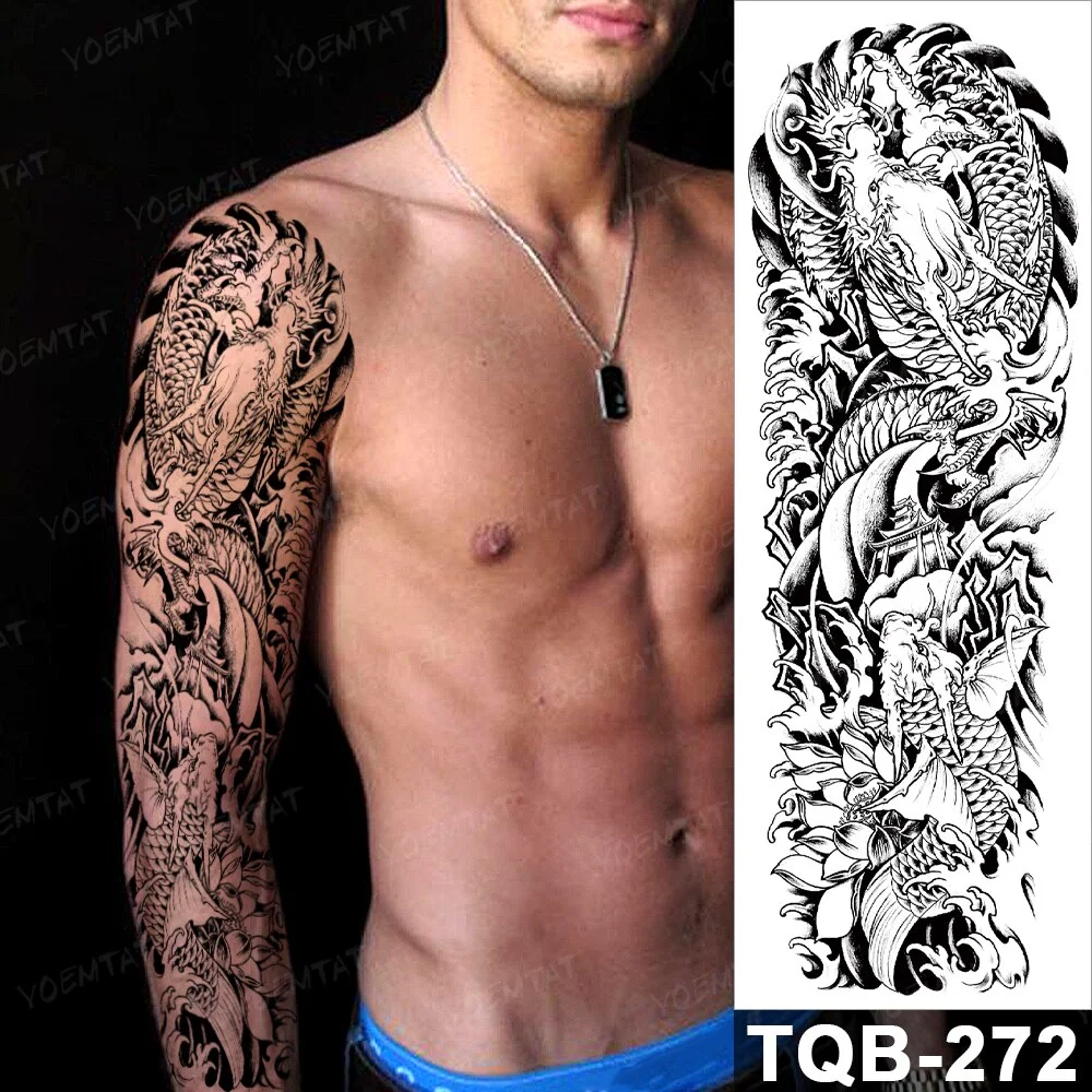 Sdrawing Arm Waterproof Traditional Temporary Tattoo Stickers Women Men Black Line Flowers Koi Crane Thigh Body Art Fake Tattoos