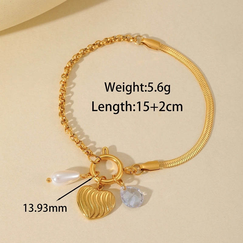 Casual Elegant Cute Cross Heart Shape Flower 304 Stainless Steel 18K Gold Plated Imitation Pearl Zircon Cable Chain Snake Chain Bracelets In Bulk