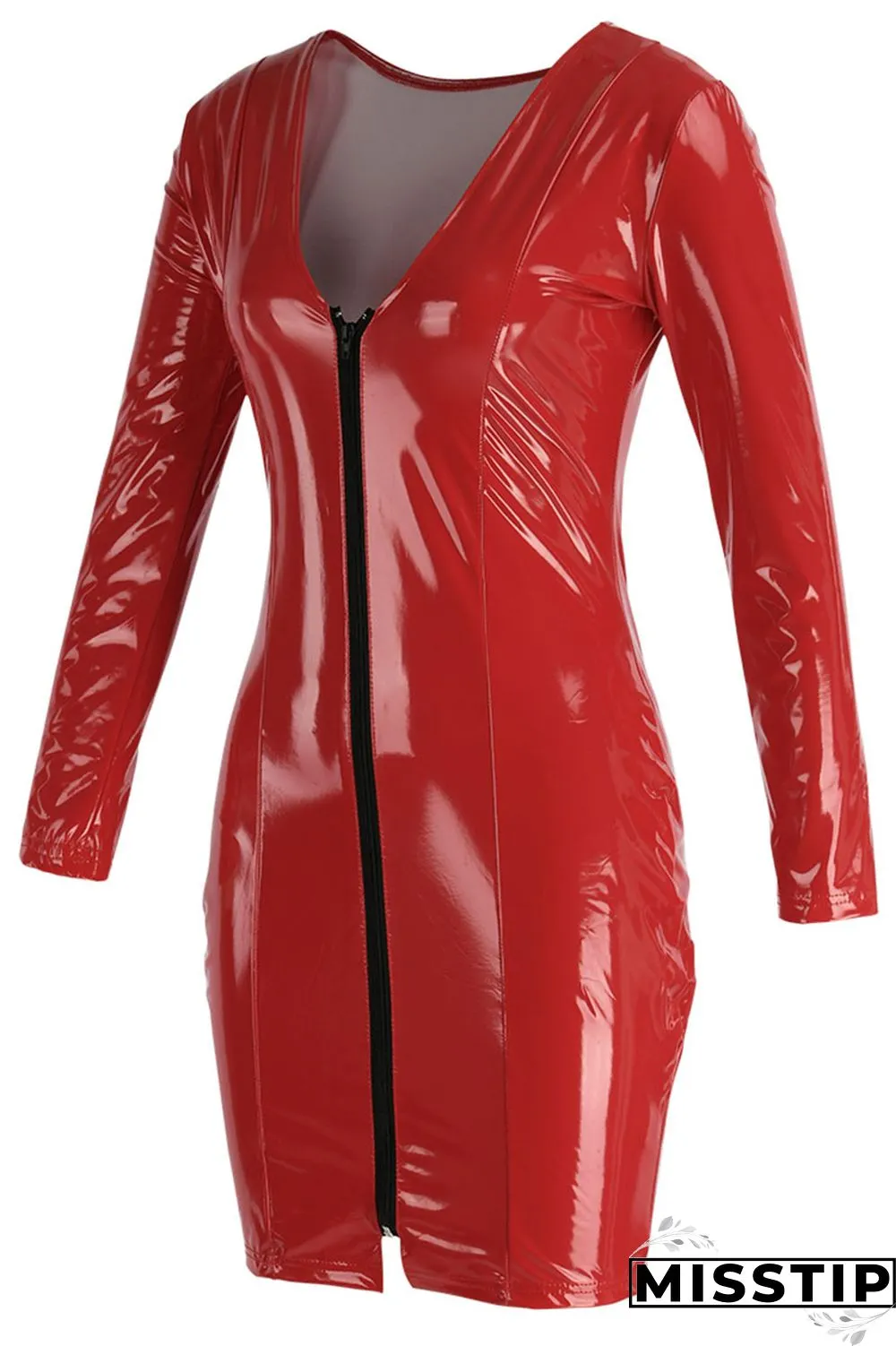 Pink Sexy High Elastic Deep V-Neck Imitation PU Dress