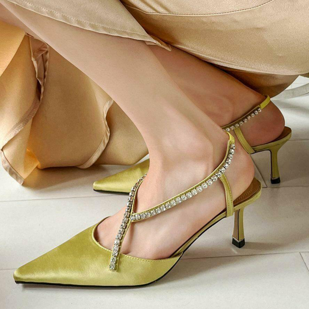 Gold Satin Pointed Toe Stiletto Heel Rhinestone Slingback Pumps Nicepairs