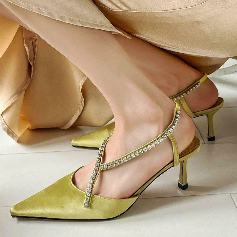 Gold Satin Closed Pointed Toe Rhinestone Strappy Slingback Pumps With Stiletto Heels Nicepairs