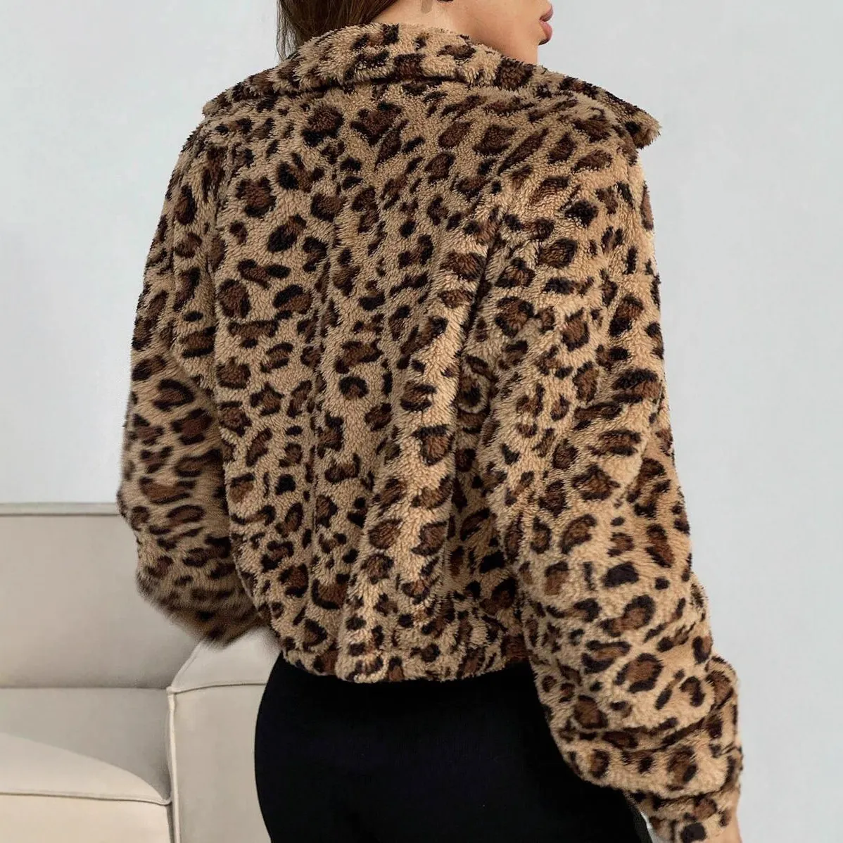 Leopard Fleece Cropped Zip Jacket